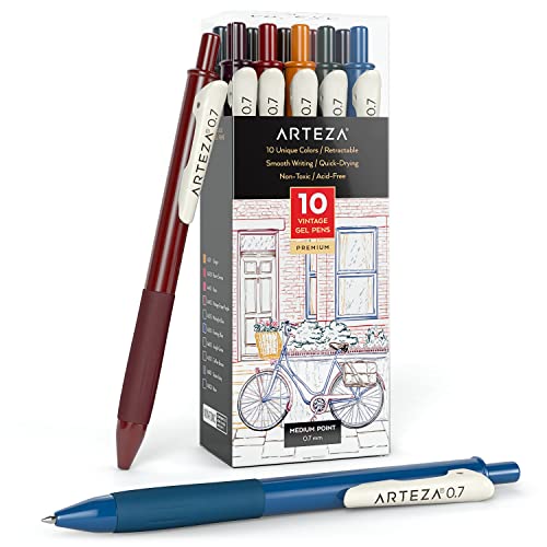 ARTEZA bunte Gelschreiber, 10er-Pack Gelstifte mit unique Vintage Farben, farbsortierte Kugelschreiber mit Geltinte, einziehbarer 0.7 mm Stiftspitze für Journaling, Doodling, Zeichnungen, Notizen von ARTEZA