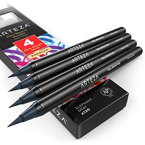 ARTEZA echte Pinselstifte, A130 Elefant-Grau 4er-Pack, Fasermaler mit flexiblen Nylon-Pinselspitzen, hochwertige Malstifte für Aquarellmalerei zum Ausmalen, Kalligraphie und Zeichnen von ARTEZA
