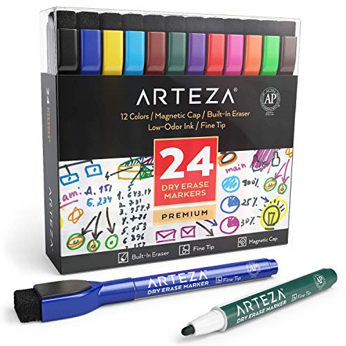 ARTEZA magnetische Whiteboard Marker, 24 bunte Whiteboard Stifte mit dünner Rundspitze, trocken abwischbare Boardmarker mit Filz-Radierer für Schule, Büro und Zuhause, 1 stück (24er Pack) von ARTEZA