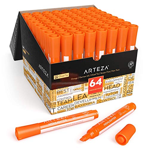 Arteza Textmarker Orange, 64 Leuchtstifte Großpackung, Textliner mit breiten Keilspitzen, Textsurfer hergestellt mit ungiftiger Tinte, zum Markieren im Haushalt, Schule oder Büro von ARTEZA