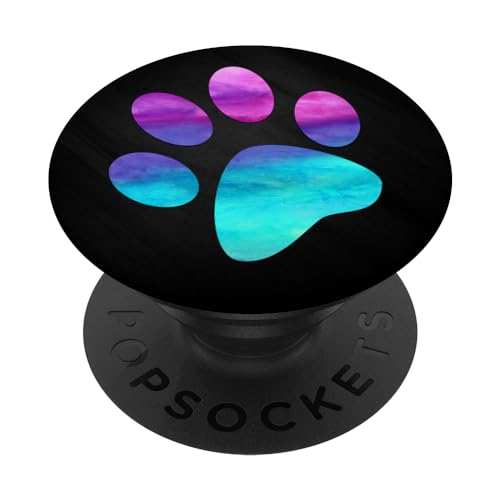 Lila und Türkis Blaugrün Aquarell Hundepfotenabdruck auf Schwarz PopSockets Klebender PopGrip von ASBPaws