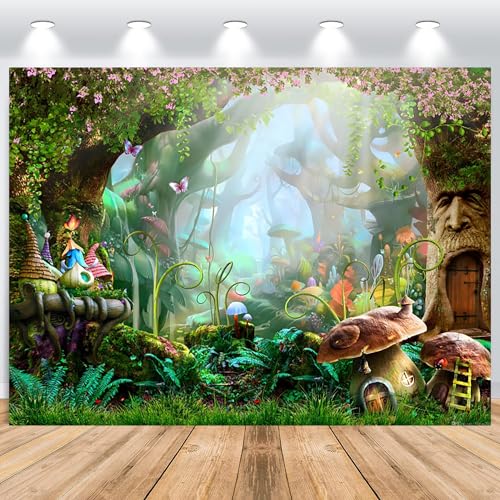 ASDCXZ Wald Hintergrund 3.6x2.5m, Märchen Wunderland Grün Wald Pilz Haus Fotowand Hintergrund, Vinyl Fotobox Hintergrund für Geburtstag Babydusche Wald Thema Party, Portrait Fotostudios Hintergründe von ASDCXZ