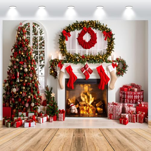 ASDCXZ Weihnachten Foto Hintergrund 3.6x2.5m, Rot Baumsocken Geschenk Kasten Kamin Weihnachtsbaum Fotowand Hintergrund, Vinyl Familienfeier Party Ornamente Fotografie Hintergrund Banner Dekorieren von ASDCXZ