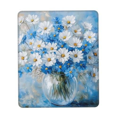 ASDJHFABKY Gaming-Schreibtischunterlage mit Blumenmuster in Vase, Naturlandschaft, Mauspad, blaue und weiße Blumen-Schreibtischunterlage mit genähten Kanten, rutschfest, 18 x 22 cm von ASDJHFABKY