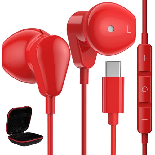 USB C Kopfhörer, In Ear Typ C Headset USB C Anschluss Ohrhörer mit Kabel Mikrofon für Galaxy A55 A16 5G A54 A35 A34 Samsung S24 Ultra S23 iPhone 16 15 Pro Max iPad Air Pixel 9 8a 7 6 Xiaomi 14T 13,Rot von ASKUBSKU