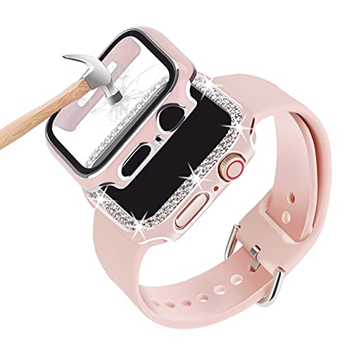 Kompatibel mit Apple Watch Armband 38 mm, 40 mm, 41 mm, 42 mm, 44 mm, 45 mm, mit Hülle, weich, verstellbares Damenarmband aus Silikon, mit Diamant-Hülle und Glas-Displayschutzfolie für iWatch Serie 8 von ASOTC