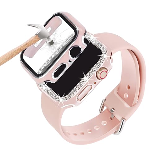 Kompatibel mit Apple Watch Armband 38 mm, 40 mm, 41 mm, 42 mm, 44 mm, 45 mm, mit Hülle, weich, verstellbares Damenarmband aus Silikon, mit Diamant-Hülle und Glas-Displayschutzfolie für iWatch Serie 8 von ASOTC