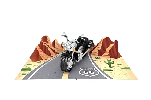 ASVP Shop Motorrad-Abenteuer-Grußkarte – 3D-Pop-Up-Cruiser auf Route 66 mit Berglandschaft von ASVP Shop