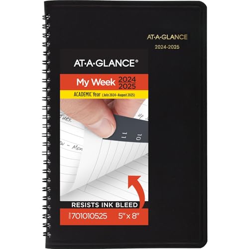 AT-A-GLANCE Planer 2024-2025 Akademischer Wochenplaner Stundenbuch 12,7 x 20,3 cm kleiner, flexibler Einband, schwarz (7010105) von AT-A-GLANCE