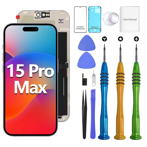 ATEVENSE Geeignet für iPhone 15 Pro Max Bildschirm-Ersatzkit 6,7" LCD Display 3D Touch IPS FHD COF Vollständige Baugruppe Edelstahl-Reparatursets Wasserdichter Rahmenaufkleber + Displayschutzfolie von ATEVENSE