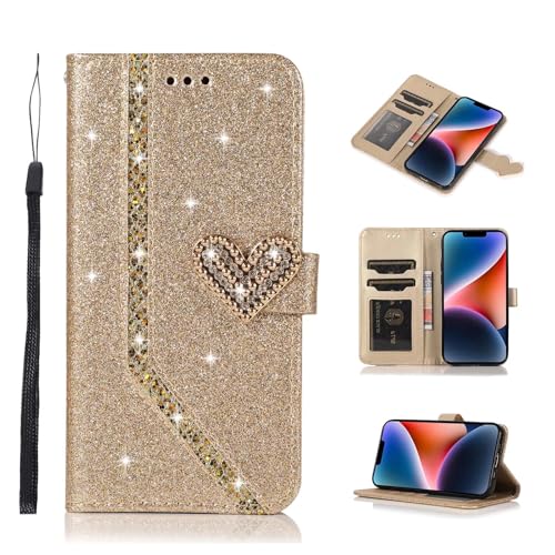 ATISIJIE Glitzer Liebe Hülle für iPhone XS Max Handyhülle,Glitzer Handyhülle PU Ledertasche TPU Leder Brieftasche Schutzhülle für iPhone XS Max-Gold von ATISIJIE