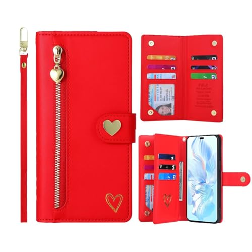 ATISIJIE Hülle für Realme C51 4G / Realme Note 50 Handyhülle,goldenem Herzmuster Leder Hülle mit 9 Kartenfächer Reißverschluss Geldbörse Schutzhülle,Frauen Mädchen Magnetic Flip Wallet-Rot von ATISIJIE