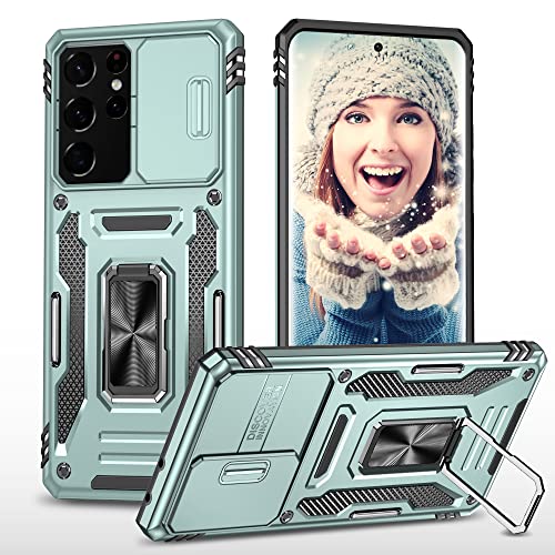 ATISIJIE Hülle für Samsung Galaxy S21 Ultra 5G Handyhülle [Slide Camera Kameraschutz], Metall 360 Grad Metal Ring Halter Standard Stoßfest Schutzhülle Case Cover Schutzfolie Alpengrün von ATISIJIE