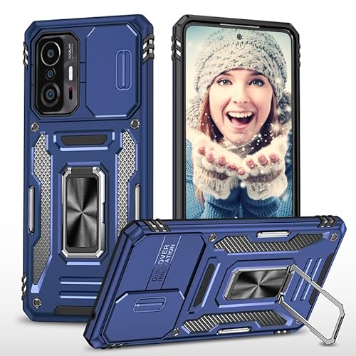 ATISIJIE Hülle für Xiaomi 11T 5G / 11T Pro 5G Handyhülle [Slide Camera Kameraschutz], Metall 360 Grad Metal Ring Halter Standard Stoßfest Schutzhülle Case Cover Schutzfolie Navy blau von ATISIJIE