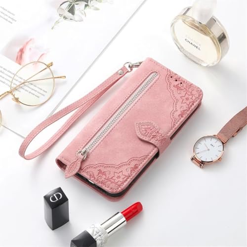 ATISIJIE Hülle klappbar für Oppo Reno9 5G / 9 Pro 5G Handyhülle,Leder Hülle mit Kartenfächer Reißverschluss Geldbörse Schutzhülle Magnetic Flip Wallet Handytasche-Rosa von ATISIJIE