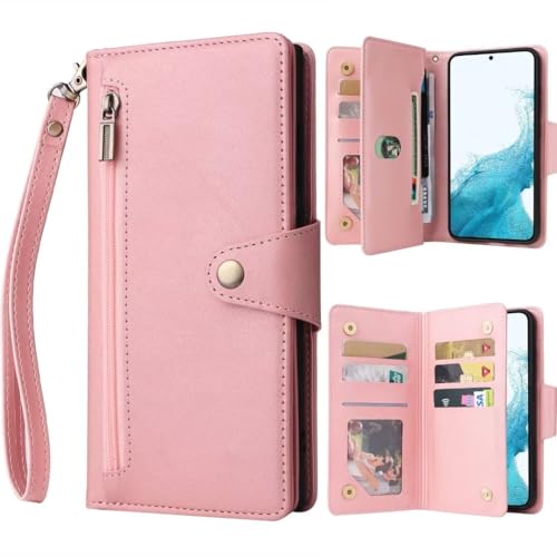 ATISIJIE Hülle klappbar für Samsung Galaxy A04e Handyhülle,Leder Hülle mit Kartenfächer Reißverschluss Geldbörse Trageband Schutzhülle,Magnetic Flip Wallet klapphülle Handytasche-Rosa von ATISIJIE