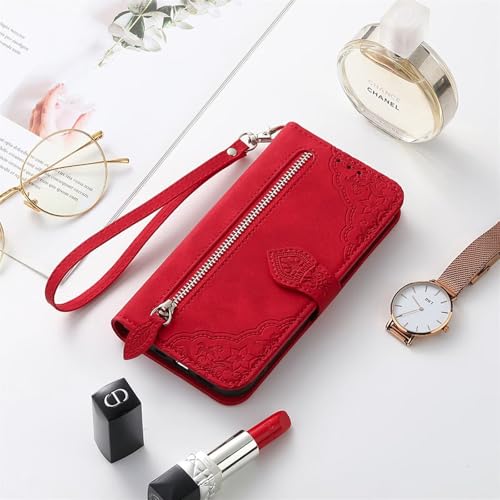 ATISIJIE Hülle klappbar für iPhone 13 Pro Handyhülle,Leder Hülle mit Kartenfächer Reißverschluss Geldbörse Schutzhülle Magnetic Flip Wallet Handytasche-Rot von ATISIJIE