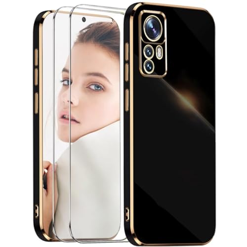 ATISIJIE Kompatibel mit XiaoMi 12T Pro Hülle,mit 2*Schutzfolie Luxuriös Galvanisierte Weich TPU Kameraschutz Kratzfest Stoßfest Schutzhülle Bumper Phone Case-Schwarz von ATISIJIE