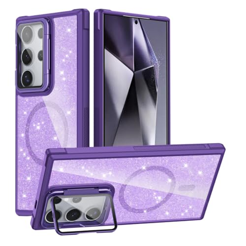 ATISIJIE Magnetisch Hülle für Samsung Galaxy S24 Ultra with Kickstand,Glitzer Transparente Acryl-Harte Handyhülle Stoßfeste Schutz Bumper Cover für Frauen und Mädchen-Lila von ATISIJIE