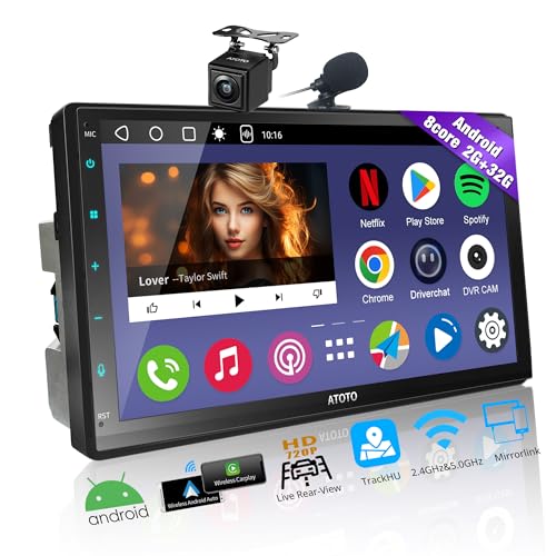 Autoradio 2 Din Android mit Bildschirm - ATOTOEXCEL 8Core laminierter Screen QLED Touchscreen Auto Bluetooth, Android Auto Wireless & Carplay, Sprachsteuerung, GPS-Navi, A6C7PF (Android + Kamera) von ATOTOEXCEL