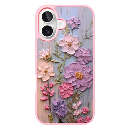 AUKIYUI Schutzhülle für iPhone 16, Blumen-Ölgemälde, Blume, niedliches Rosa, mit Design, Handyhülle für Damen, Mädchen, geprägte Drucktechnologie, schlanke, stoßfeste Premium-Schutzhülle, 15,5 cm (6,1 von AUKIYUI