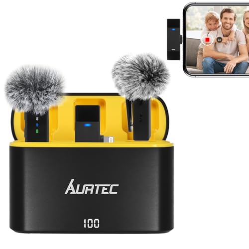 AURTEC Kabelloses Lavalier-Mikrofon mit Ladehülle für iPhone, iPad mit Lightning-Anschluss, 2er Set, Plug & Play, 30 m Reichweite, Geräuschunterdrückung und großer Akku von AURTEC