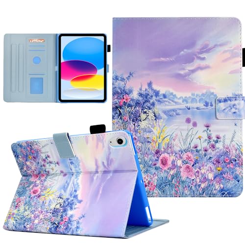 AUSMIX Hülle für iPad 10. Generation (10,9 Zoll, Modell 2022), Premium PU Leather Stand Smart Cover Case for iPad 10th Gen 10.9 inch 2022, Auto Wake/Sleep Smart Shell,Lila Blumenmeer von AUSMIX