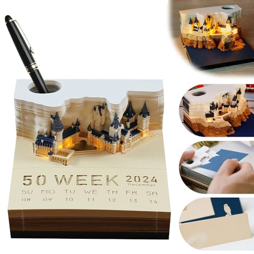 3D-Notizblock, 2025 Schreibtisch Kalender 3D Memo Pad Papier mit Licht und Stifthalter 3D Magic Castle Wochenkalender Notizblock,Papierskulptur,Schnitzen Reißbar Kreative Memo Kalender für Dekoration von AVCXEC