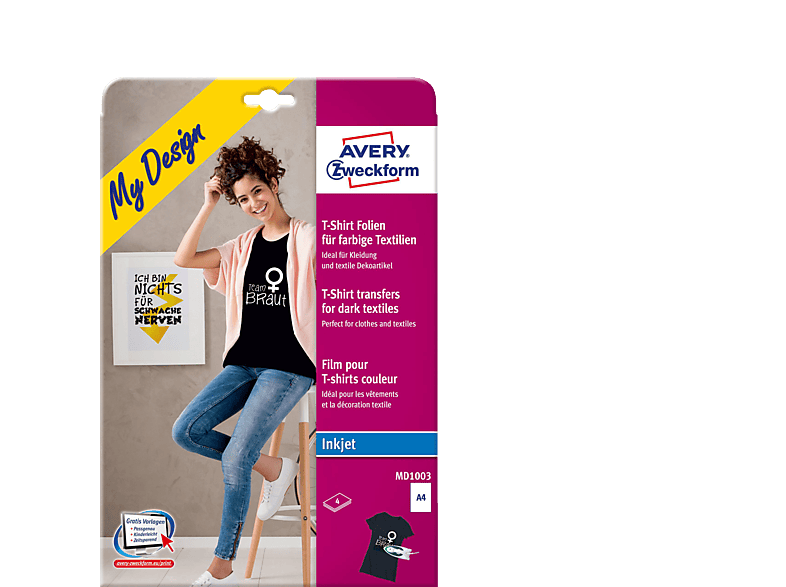 AVERY ZWECKFORM MD1003 für farbige Textilien, Textil-Folien 210 x 297 mm A4 Inhalt: 4 Bogen von AVERY ZWECKFORM