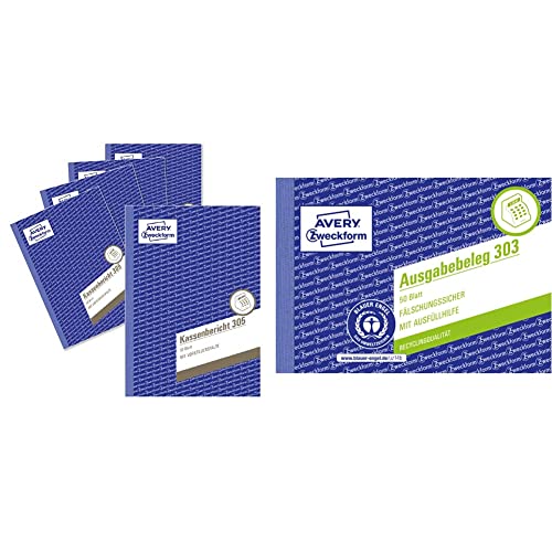 AVERY Zweckform 305-5 Kassenbericht (A5, mikroperforiert, von Rechtsexperten geprüft,50 Blatt) 5er Pack weiß & 303 Ausgabebeleg mit Dokumentendruck (A6 quer, von Rechtsexperten geprüft, 50 Blatt) gelb von AVERY Zweckform