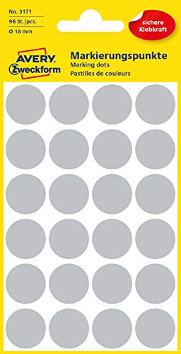 AVERY Zweckform 3171 selbstklebende Markierungspunkte (Ø 18 mm, 96 Klebepunkte auf 4 Bogen, runde Aufkleber für Kalender, Planer und zum Basteln, Papier, matt) grau, 5 Stück von AVERY Zweckform