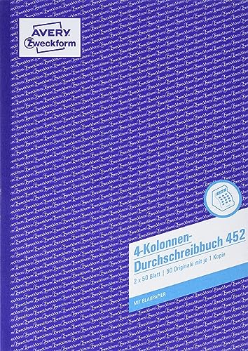 AVERY Zweckform 452 Kolonnen-Durchschreibbuch 4 Kolonnen (A4, mit 1 Blatt Blaupapier, Spaltenbuch, Geschäftsbuch, für Deutschland und Österreich zum Erstellen von Original und Kopie, 2x50 Blatt) weiß von AVERY Zweckform