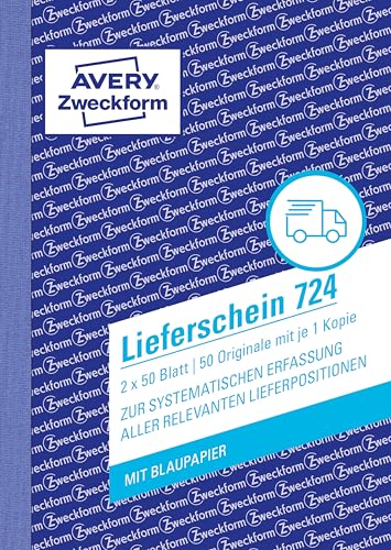 AVERY Zweckform 724 Lieferschein (A6, 2x50 Blatt, mit einem Blatt Blaupapier und einem blanko Durchschlag, zur systematischen Erfassung aller relevanten Lieferpositionen) weiß, 1 Stück von AVERY Zweckform