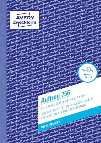 AVERY Zweckform 756 Auftrag (A5, 2x50 Blatt, mit einem Blatt Blaupapier und einem Durchschlag, zur systematischen Erfassung aller relevanten Auftragspositionen) weiß von AVERY Zweckform