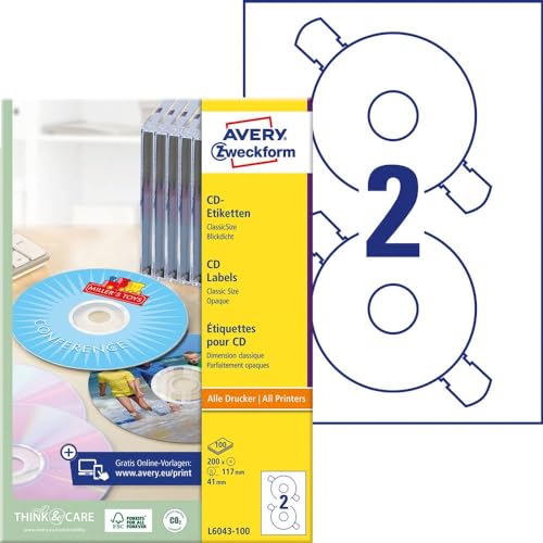 AVERY Zweckform L6043-100 selbstklebende CD-Etiketten (200 blickdichte CD-Aufkleber, Ø 117mm auf A4, ClassicSize, Papier matt, bedruckbare Klebeetiketten für alle A4-Drucker) 100 Blatt, weiß von AVERY Zweckform