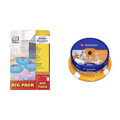 AVERY Zweckform L7676A-40P selbstklebende CD-Etiketten & Verbatim DVD-R Wide Inkjet Printable 4.7GB I 25er Pack Spindel von AVERY Zweckform