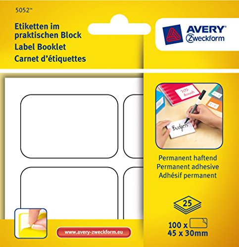 Avery Zweckform 5052 Universal-Etiketten, zur Handbeschriftung, 45 x 30 mm, 25 Blatt/100 Etiketten, weiß von Avery