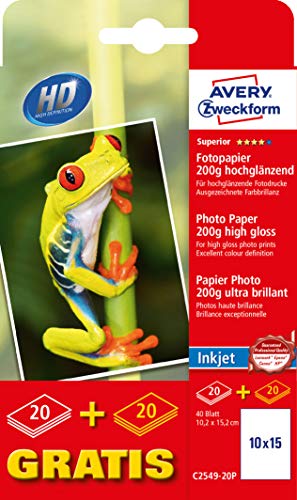 Avery Zweckform C2549-20P Superior Inkjet Fototpapier (40 Blatt, 200 g/m², Format 10x15 mm, einseitig beschichtet, hochglänzend, ausgezeichnete Farbbrillanz, Tintenstrahldrucker, sofort trocken) von AVERY Zweckform