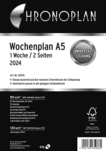 Chronoplan 50574 Kalendereinlage 2024 (Wochenplan A5 (148x210mm) Ersatzkalendarium für Terminplaner, ideal für detaillierte Wochenplanung, 1 Woche auf 2 Seiten in Zeilen, mit Universallochung) weiß von Chronoplan