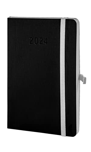 Chronoplan 50964 Buchkalender Kalendarium 2024 (Terminplaner A6 (95x140mm) mit Softcover, Wochenplaner, 1 Woche auf 2 Seiten, mit flexibler Stiftschlaufe, Einmerkband, Gummiverschluss) schwarz von Chronoplan