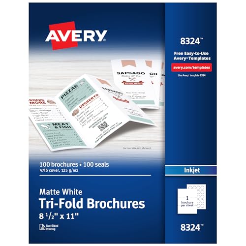 AVERY 3-fach bedruckbares Prospektpapier, Tintenstrahldrucker, 100 Broschüren und Versandsiegel, 8,5 x 11 (8324), weiß von AVERY