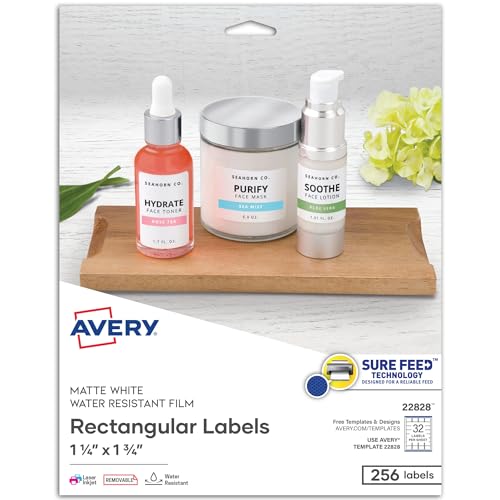 Avery Bedruckbare blanko rechteckige Etiketten, 3,2 x 4,4 cm, weiß, 256 anpassbare Etiketten (22828) von Avery