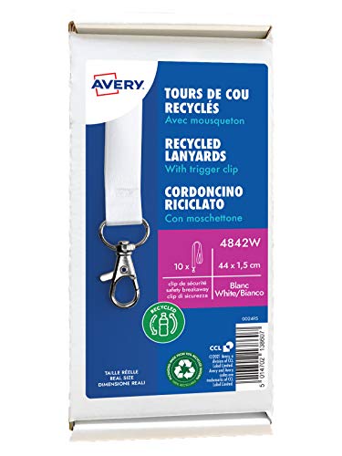 AVERY Zweckform 4842W Lanyard 10 Stück (44x1,5cm, Kartenhalter mit Karabinerhaken-Sicherheitsverschluss, Schlüsselband für Ausweishülle, Kartenhülle, Namenschilder, Umhängeband, Nackenband) weiß von Avery