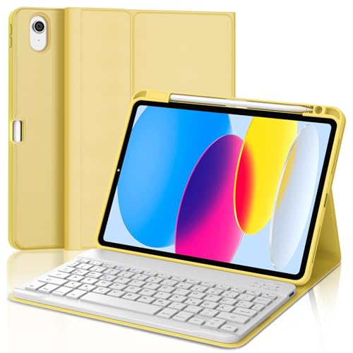 AVNICUD Hülle für iPad 10 Generation mit Tastatur 10,9 Zoll 2022, Kabellose Abnehmbare Keyboard, Flexibles TPU Hülle mit Stifthalter für Neue iPad 10. Generation, Gelb von AVNICUD