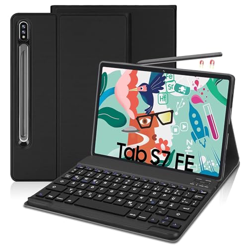 AVNICUD Tastatur Hülle für Samsung Galaxy Tab S8+ 2022/S7 FE 2021/S7+ 2020 12.4 Zoll, Soft TPU-Rückseite Gehäuse Schutzhülle mit Stifthalter, Bluetooth Abnehmbarer Tastatur [QWERTZ Layout], Schwarz von AVNICUD