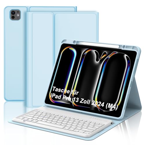 AVNICUD Tastatur Hülle für iPad Pro 13 Zoll Tasche M4 (2024 Modell, 7. Generation), Soft TPU Rückseite Gehäuse Schutzhülle, magnetisch Abnehmbarer Tastatur mit QWERTZ Layout, Hellblau von AVNICUD