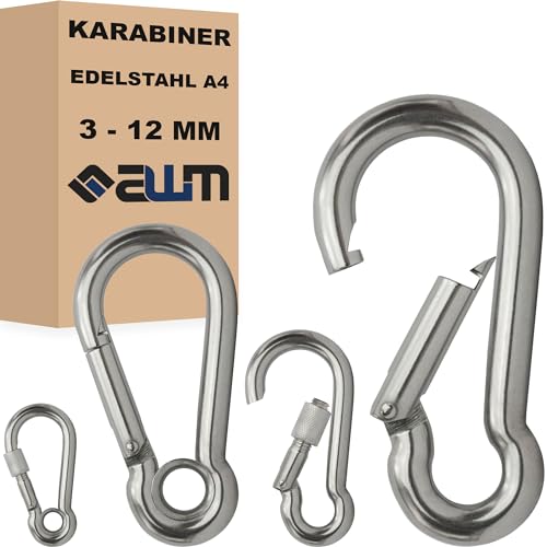 Edelstahl Karabiner Karabinerhaken Kausche Mutter klein groß Schnapphaken V4A AISI 316 Schlüsselanhänger Zubehör (Karabiner, 12 x 140 mm (bis 1100kg) - 4x) von AWM