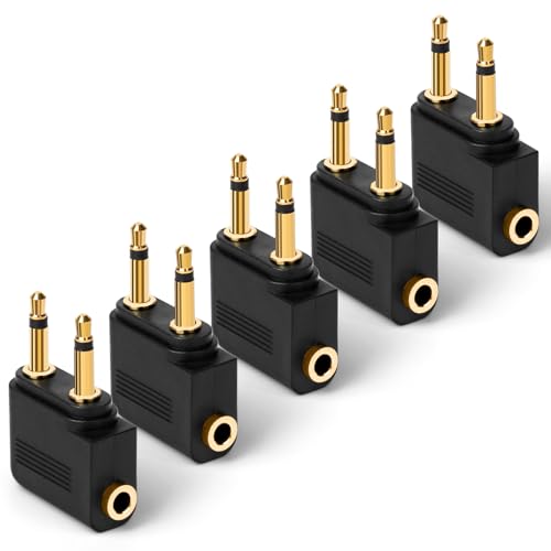 AXFEE Flugzeug Adapter Kopfhörer, 5 Stück Gold überzogen Flugzeug Adapter, auf 3,5 mm Klinkenbuchse, Airplane Flight Kopfhörer Adapter für Alle Airlines In-Flight Media Systemen(Schwarz) von AXFEE