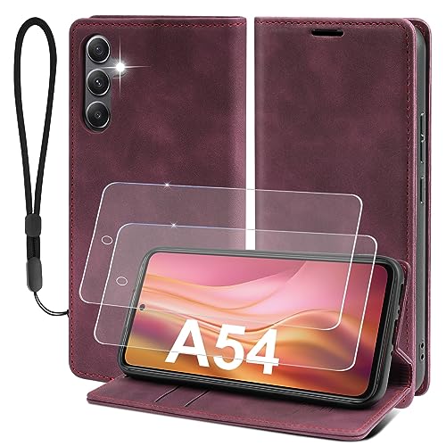 AXFEE Handyhülle für Samsung Galaxy A54 5G Hülle + 2 Stück Panzer Schutz Glas + 1 Schlüsselband, Premium PU Schutzhülle, [RFID Anti-Diebstahl Schutz], Magnetisches Flip Case für Samsung A54 5G von AXFEE