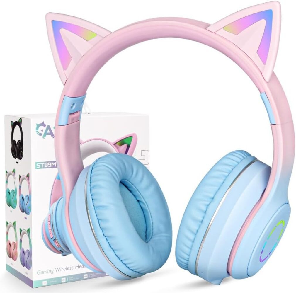 AXFEE Kabellos Bluetooth 5.3 Mädchen Katzenohr Over-Ear Kinder-Kopfhörer (Eingebautes Mikrofon ermöglicht klare Kommunikation bei Video-Chats, Telefonaten und Online-Unterricht., mit LED-Leuchten, Lautstärke Begrenzt 105 dB, Stereo) von AXFEE